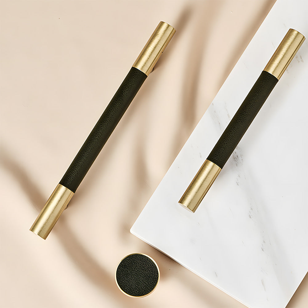 Luxury Solid Brass Leather Wrapped Cabinet Pulls & Knobs