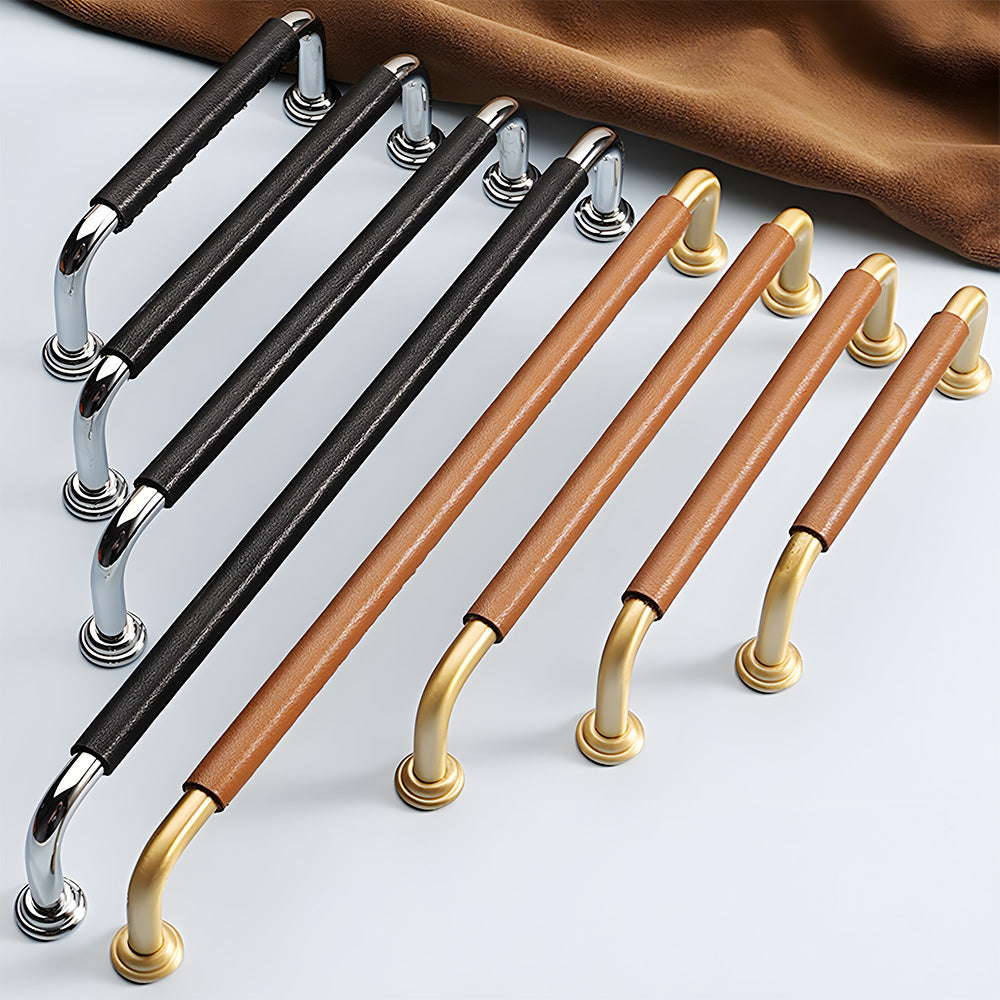 French Cowhide Brass Leather Cabinet Door Handle