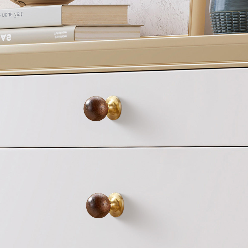 Vintage Walnut Wood Black White Marble Ball Cabinet Knob