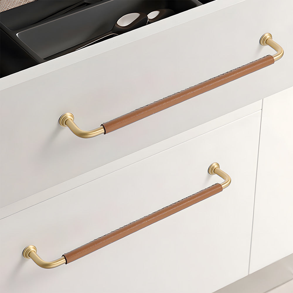 French Cowhide Brass Leather Cabinet Door Handle