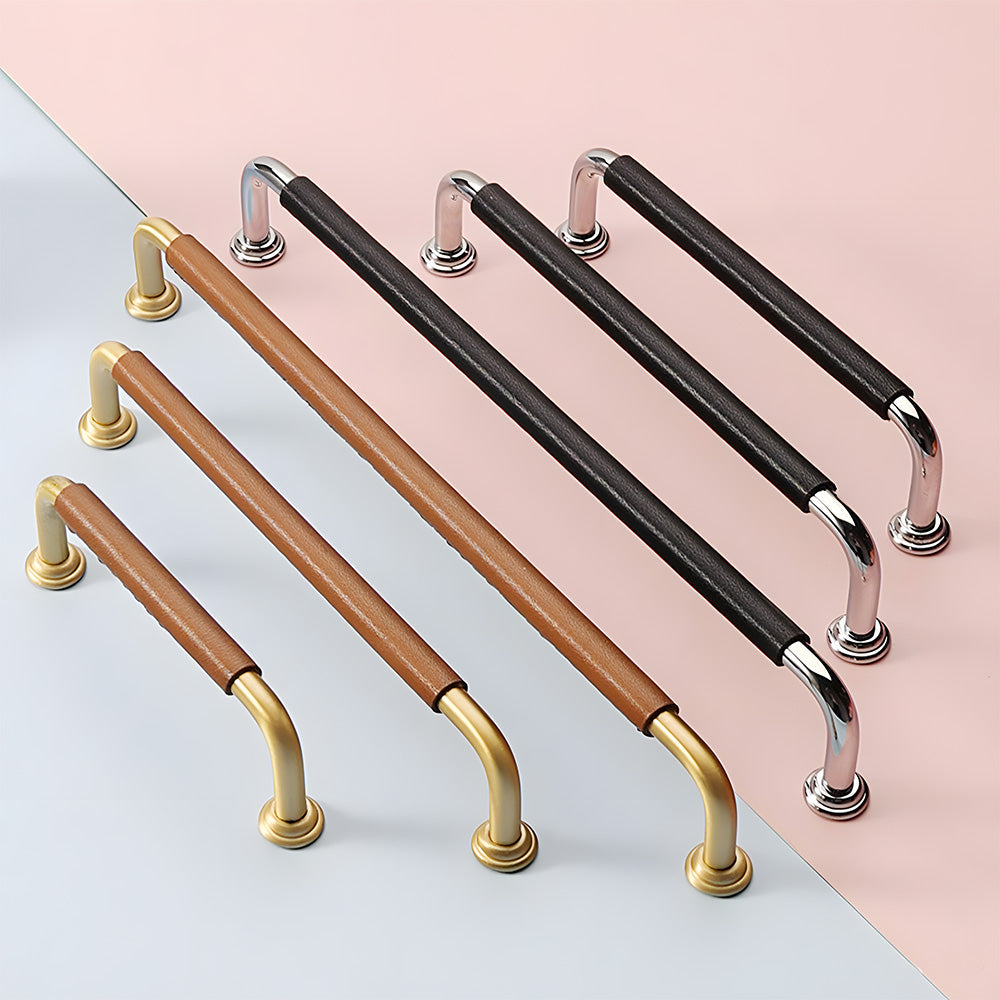 French Cowhide Brass Leather Cabinet Door Handle