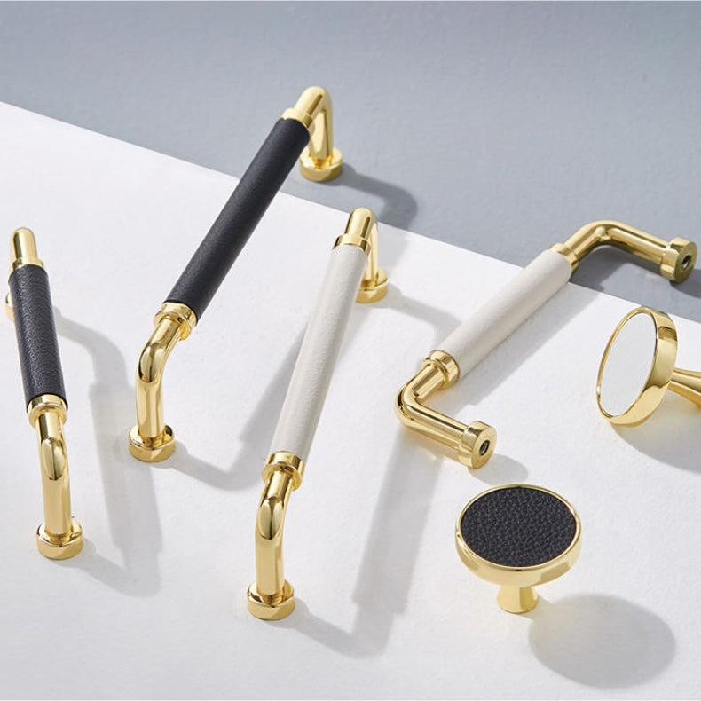 Polished Brass and Leather Cabinet Handles