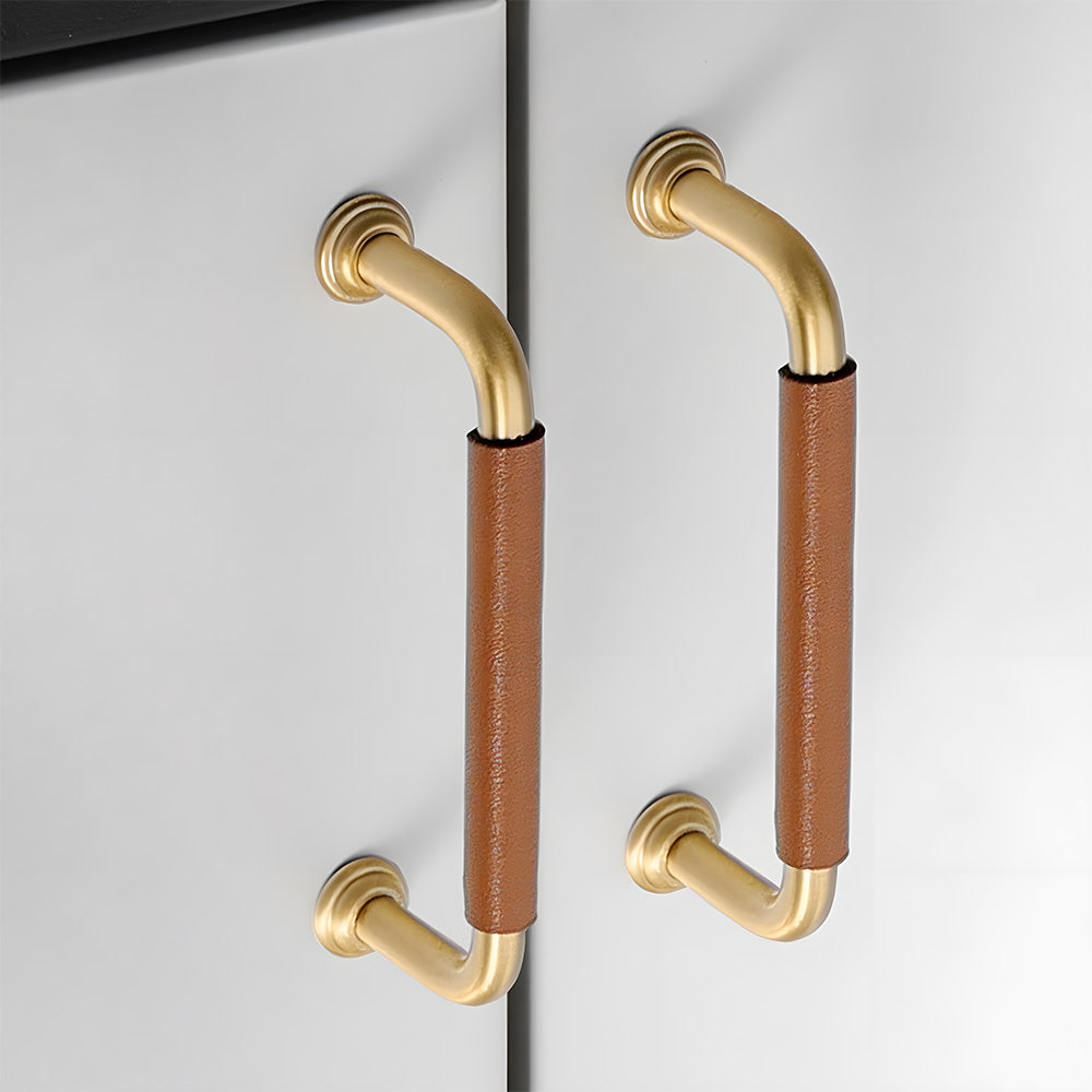 French Cowhide Brass Leather Cabinet Door Handle