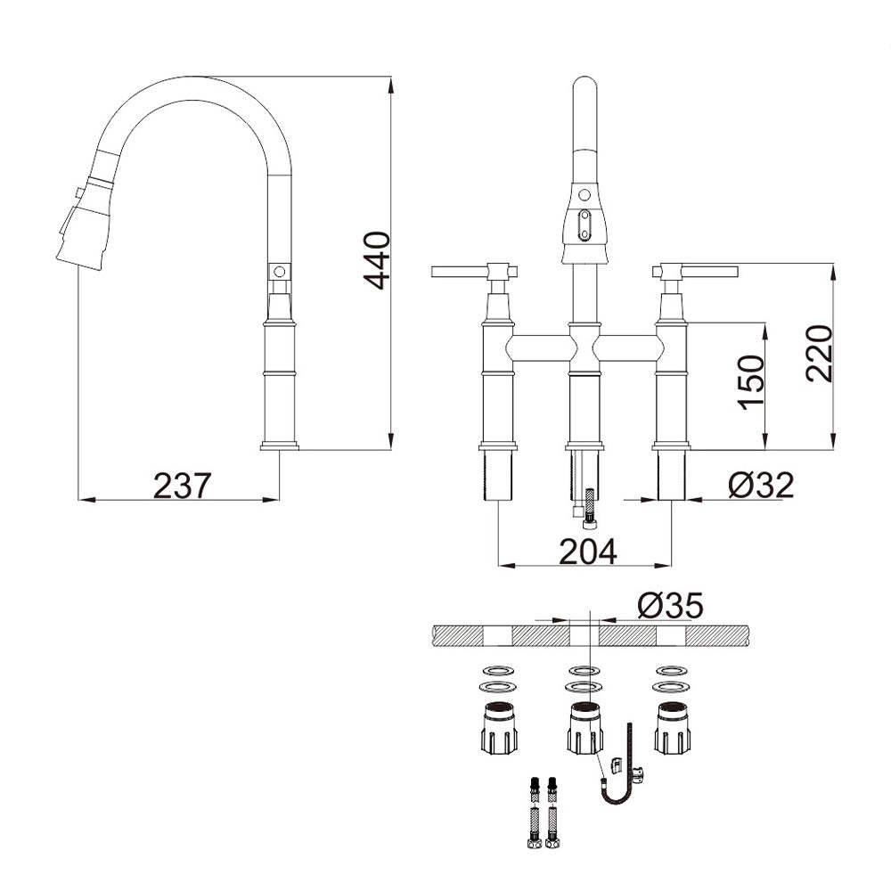 Three-hole Kitchen Sink Universal Pull-out Faucet