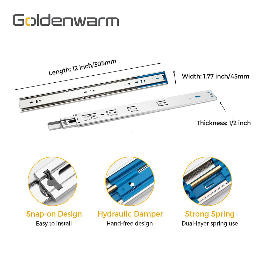 3-Section Full Extension Side Mount Slides Soft Close Drawer Slides 100 LB Load Capacity