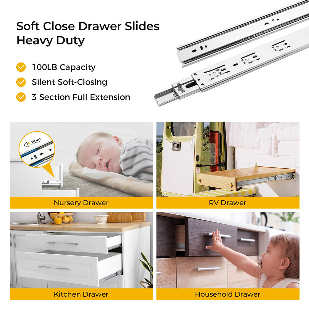 3-Section Full Extension Side Mount Slides Soft Close Drawer Slides 100 LB Load Capacity