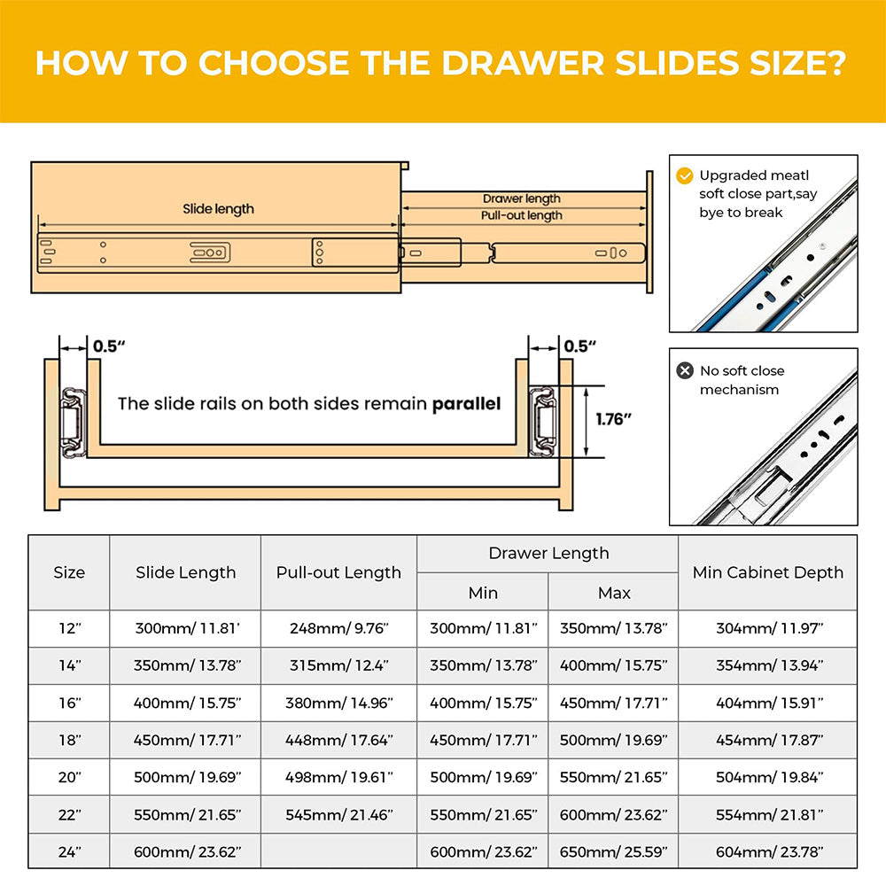 3-Section Full Extension Side Mount Slides Soft Close Drawer Slides 100 LB Load Capacity