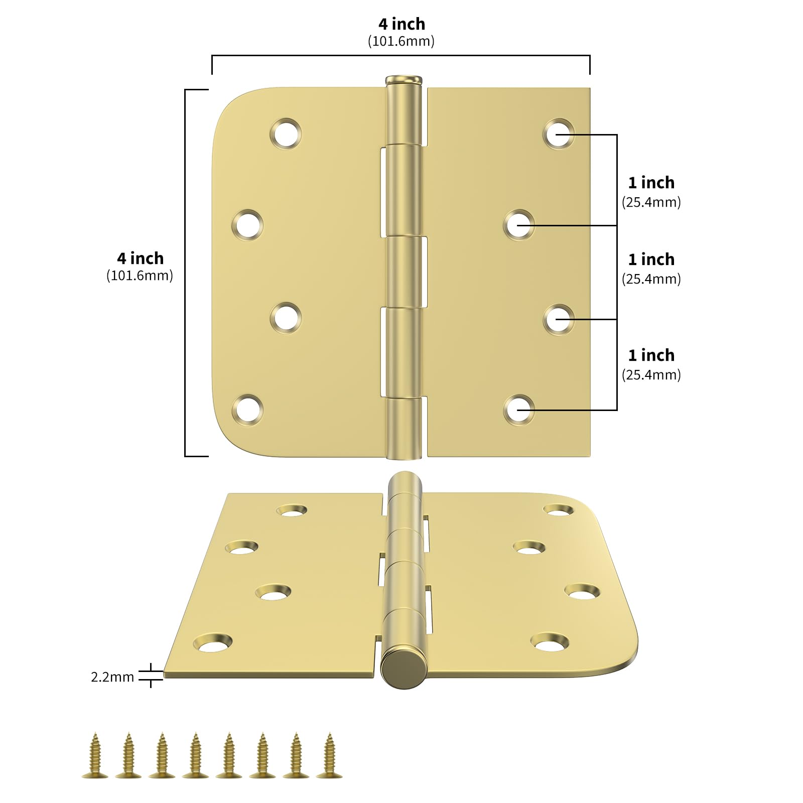 4in Brushed Brass Gold with Square & Round Corners Butt Hinges for Interior Door