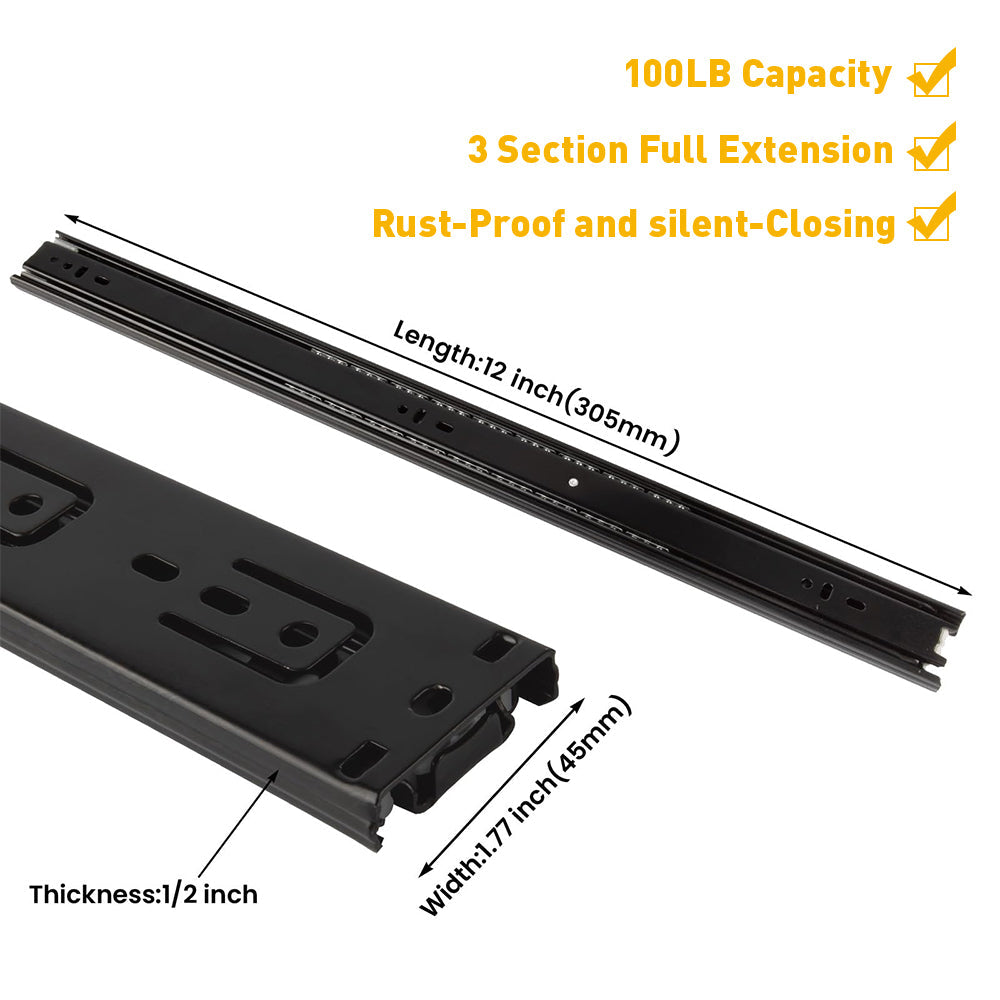 Full Extension Side Mount Slides Ball Bearing Drawer Slides 100 LB Load Capacity