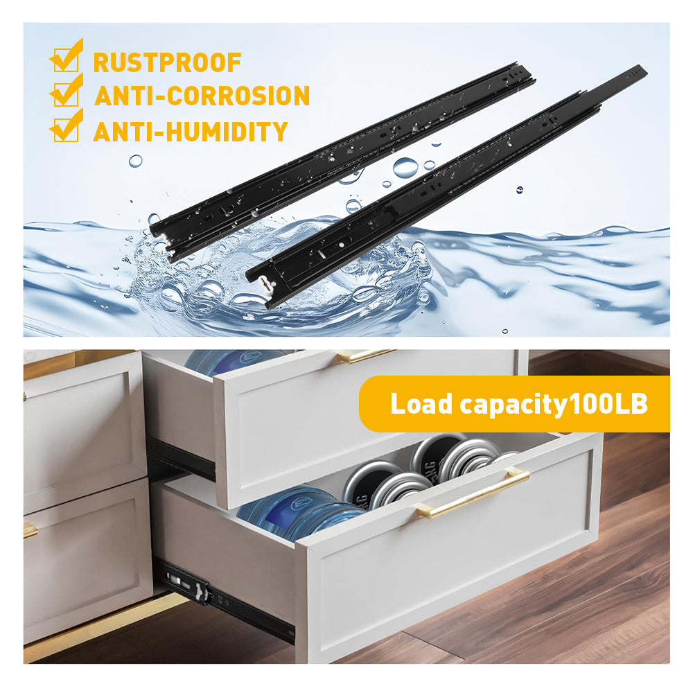 Full Extension Side Mount Slides Ball Bearing Drawer Slides 100 LB Load Capacity