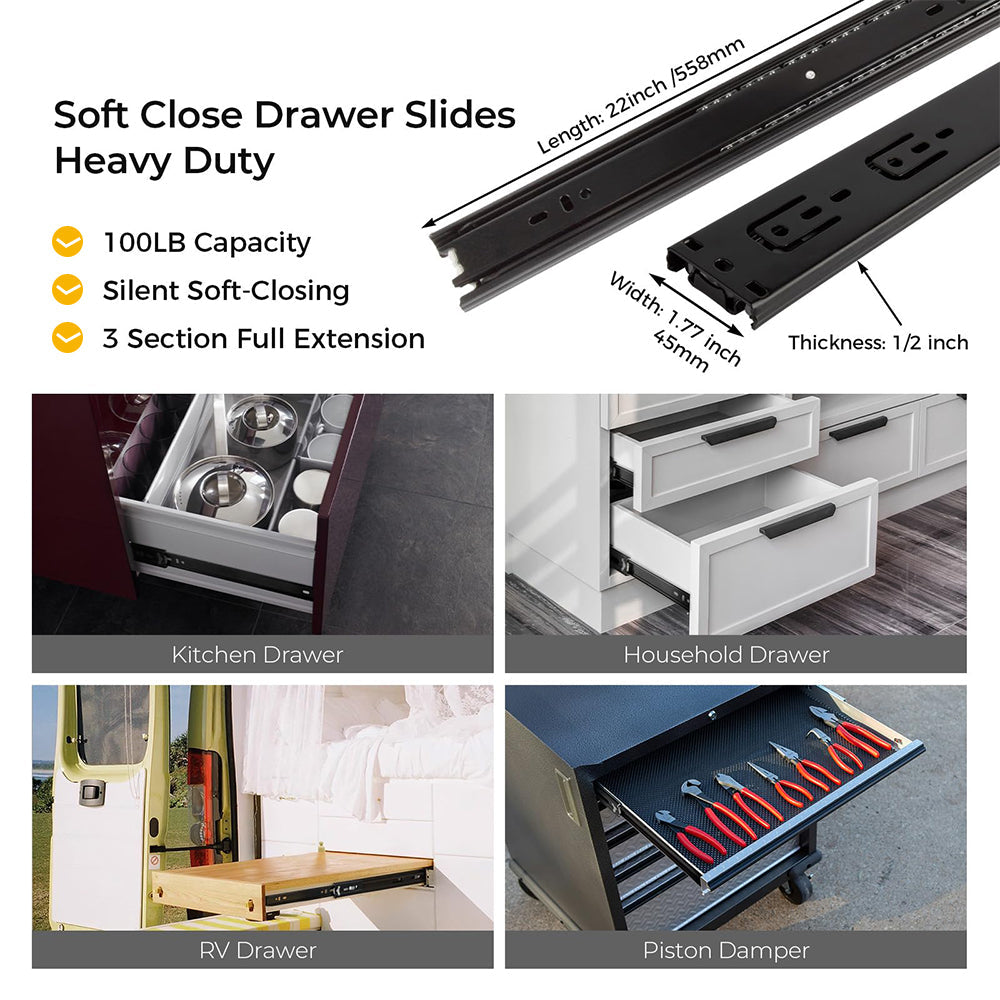 Full Extension Side Mount Slides Ball Bearing Drawer Slides 100 LB Load Capacity