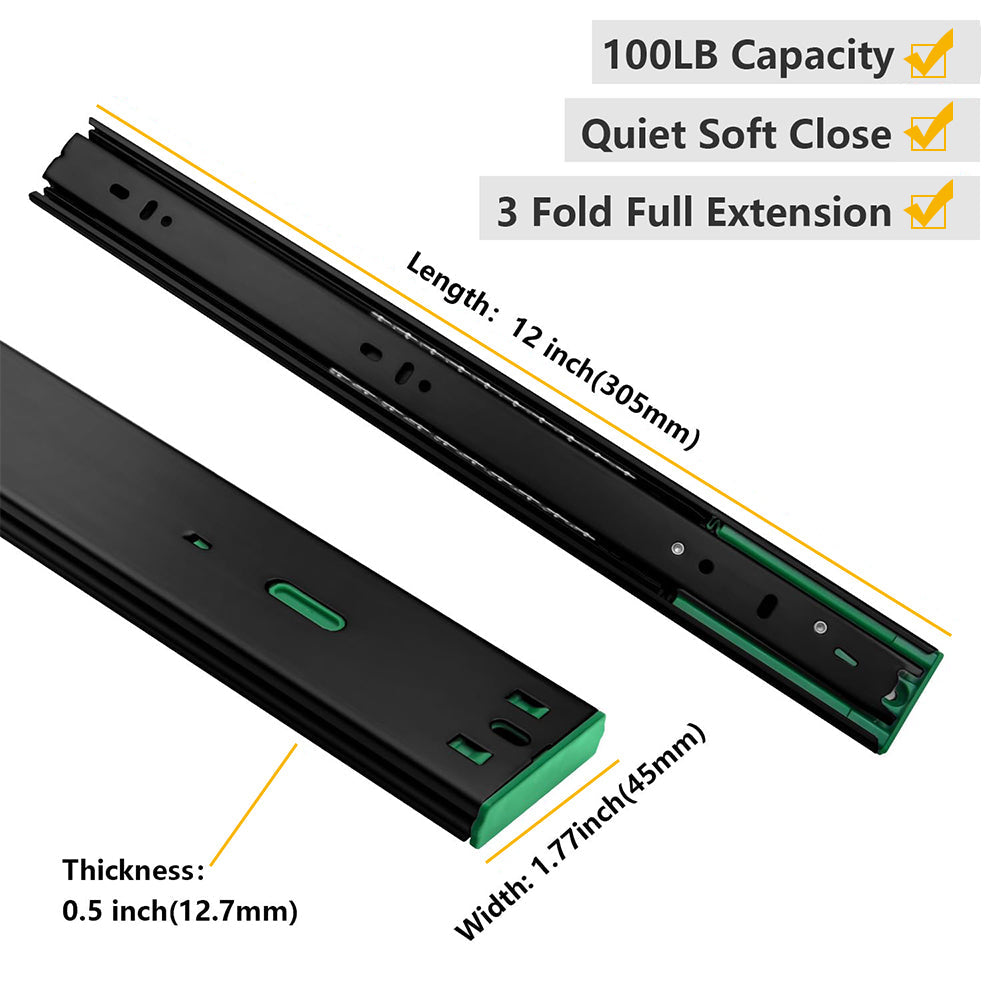 3-Section Full Extension Side Mount Slides Soft Close Drawer Slides 100 LB Load Capacity