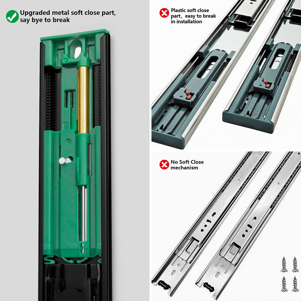 3-Section Full Extension Side Mount Slides Soft Close Drawer Slides 100 LB Load Capacity