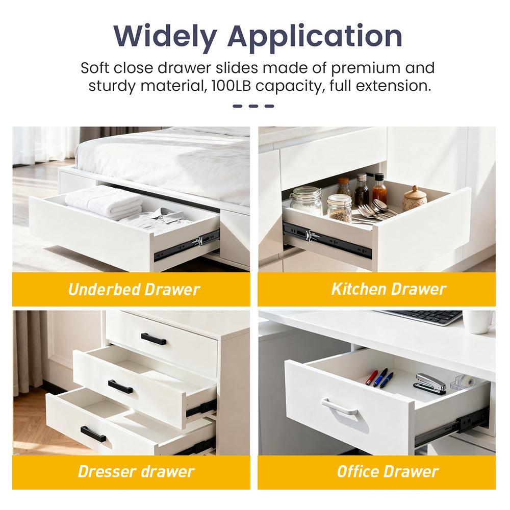 3-Section Full Extension Side Mount Slides Soft Close Drawer Slides 100 LB Load Capacity