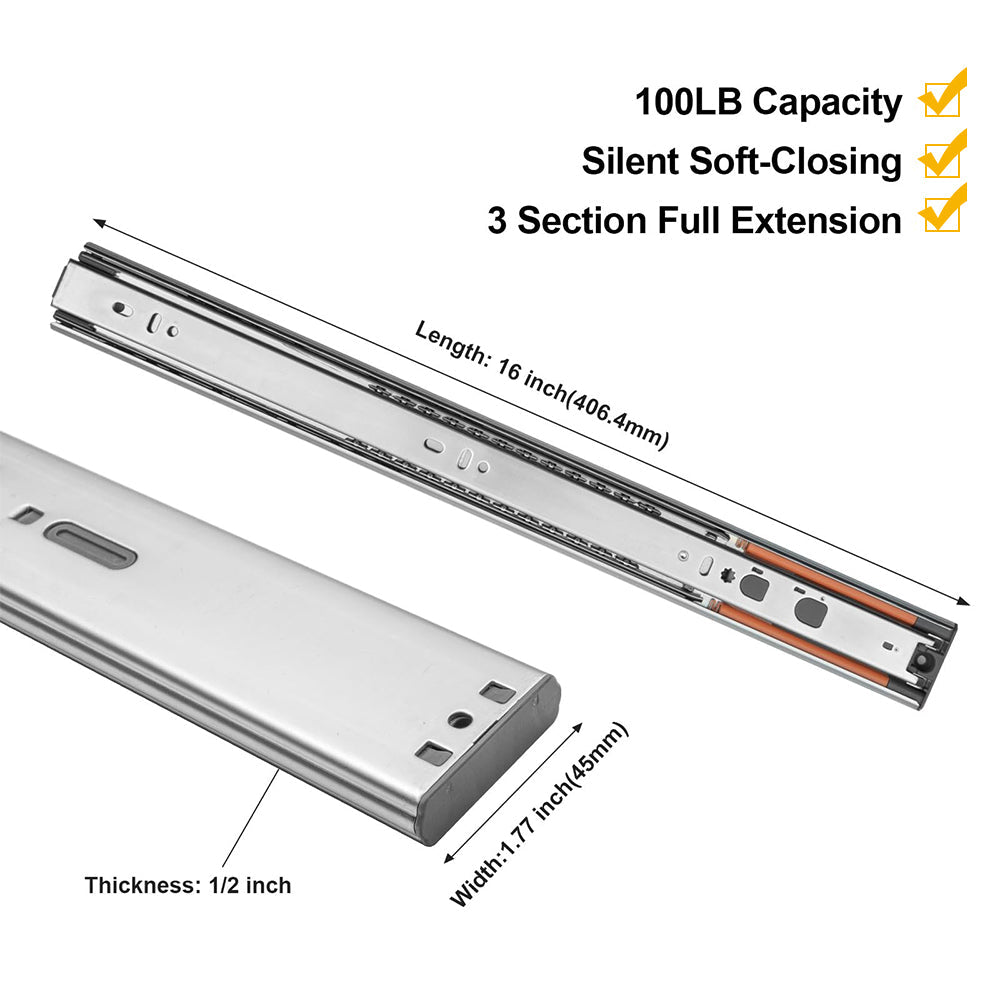 10 Pair Silver Full Extension Push to Open Soft Close Drawer Slides