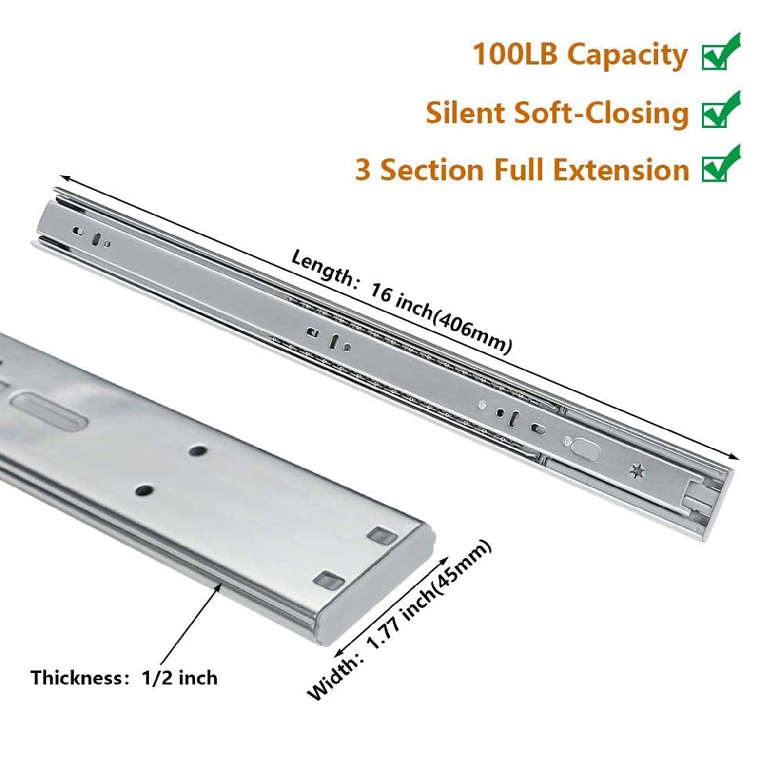 Soft Close Ball Bearing Full Extension Side Mount Drawer Slides 100 LB Load Capacity