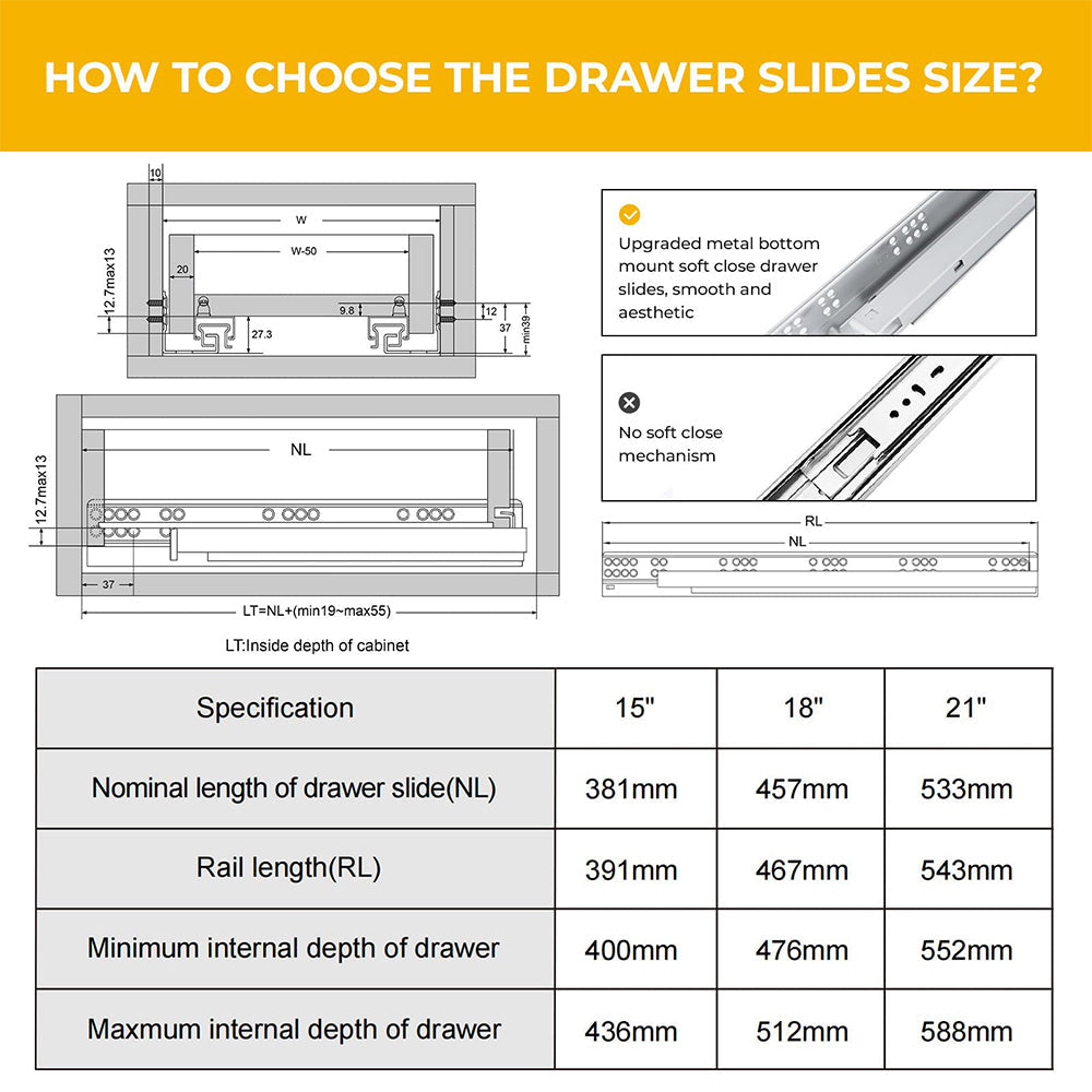 Hidden Bottom Mount Full Extension Soft Close Undermount Drawer Slides