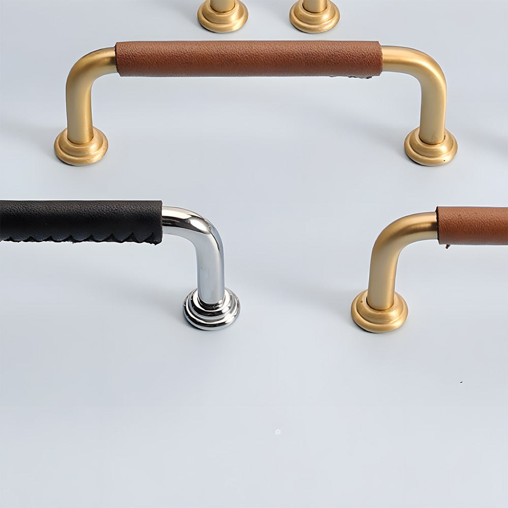 French Cowhide Brass Leather Cabinet Door Handle