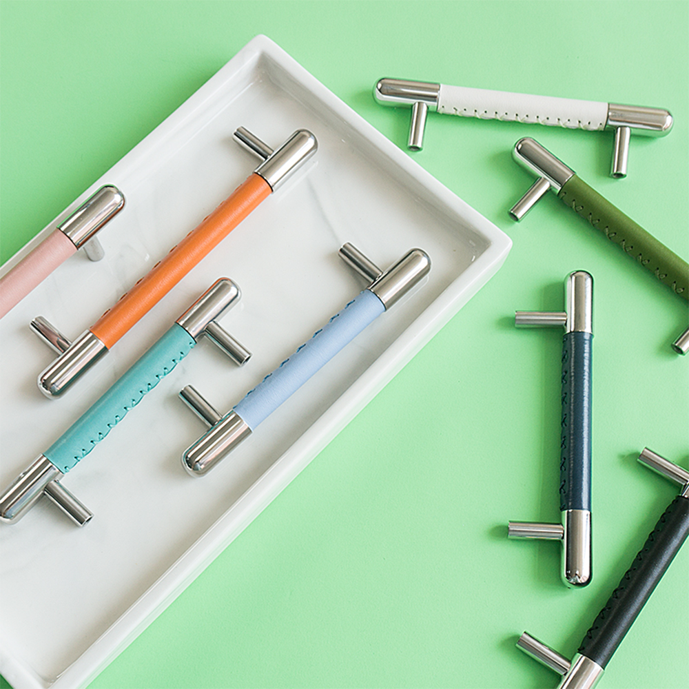 Colorful Leather Stainless Steel Cabinet Pulls for Kitchen Decor