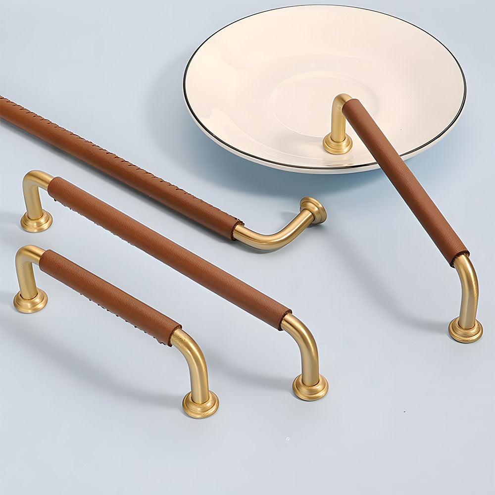 French Cowhide Brass Leather Cabinet Door Handle