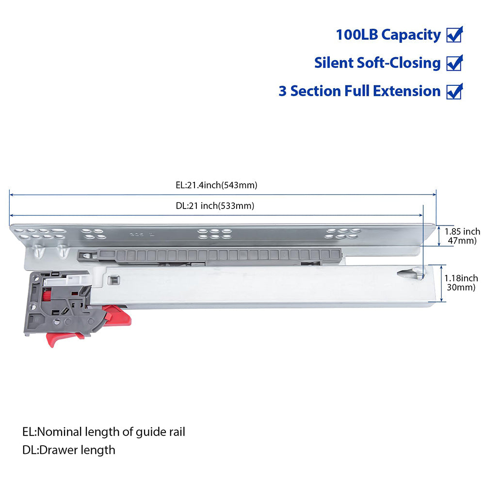 Undermount Soft Close Silver Drawer Slides with Rear mounting Bracket and Locking Devices