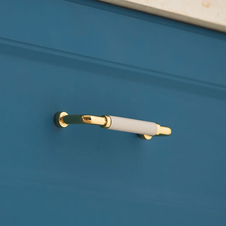 Polished Brass and Leather Cabinet Handles