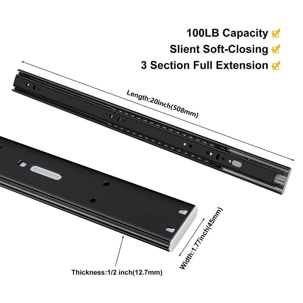 Black 3-Section Full Extension Soft Close Side Mount Ball Bearing Drawer Slides
