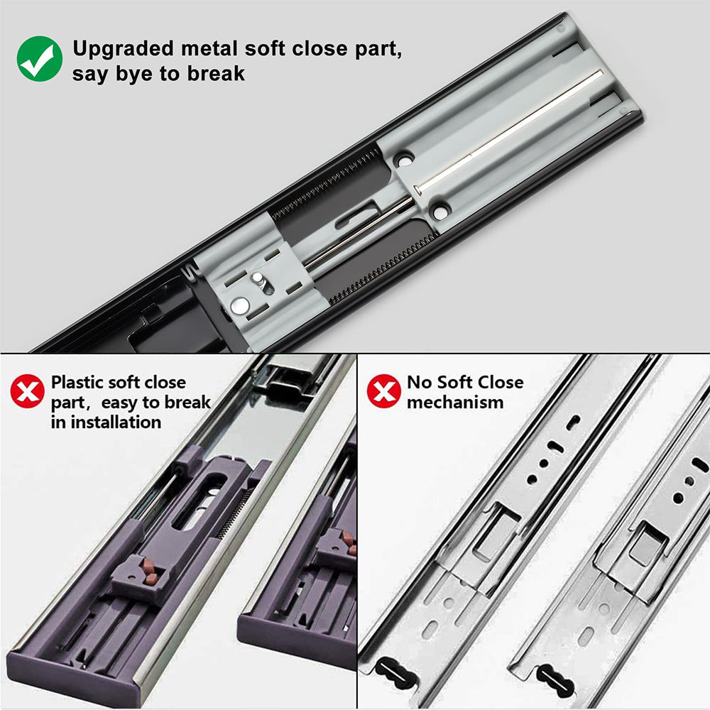 Black 3-Section Full Extension Soft Close Side Mount Ball Bearing Drawer Slides