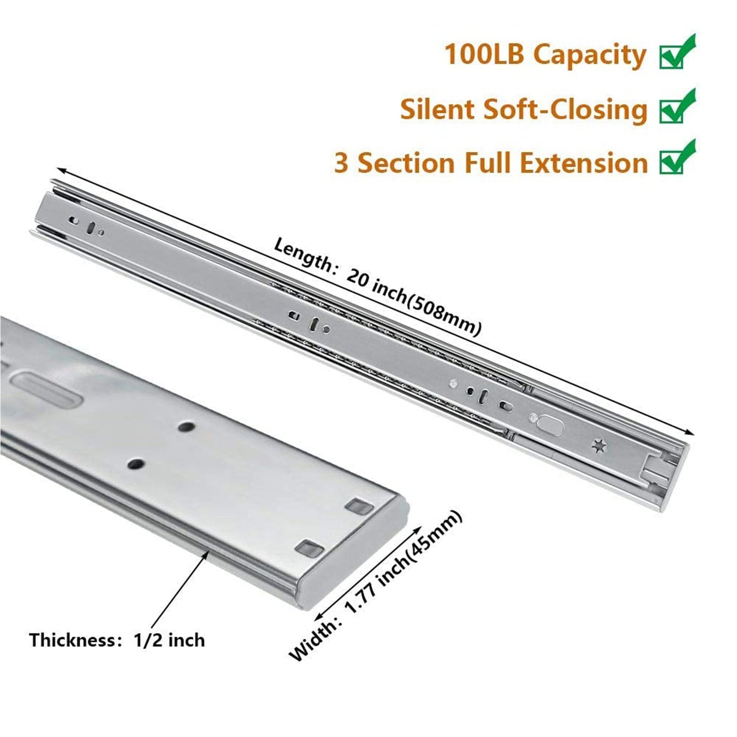 Soft Close Ball Bearing Full Extension Side Mount Drawer Slides 100 LB Load Capacity