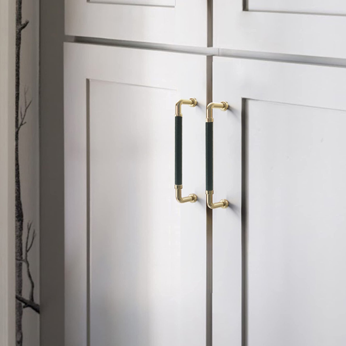 Polished Brass and Leather Cabinet Handles