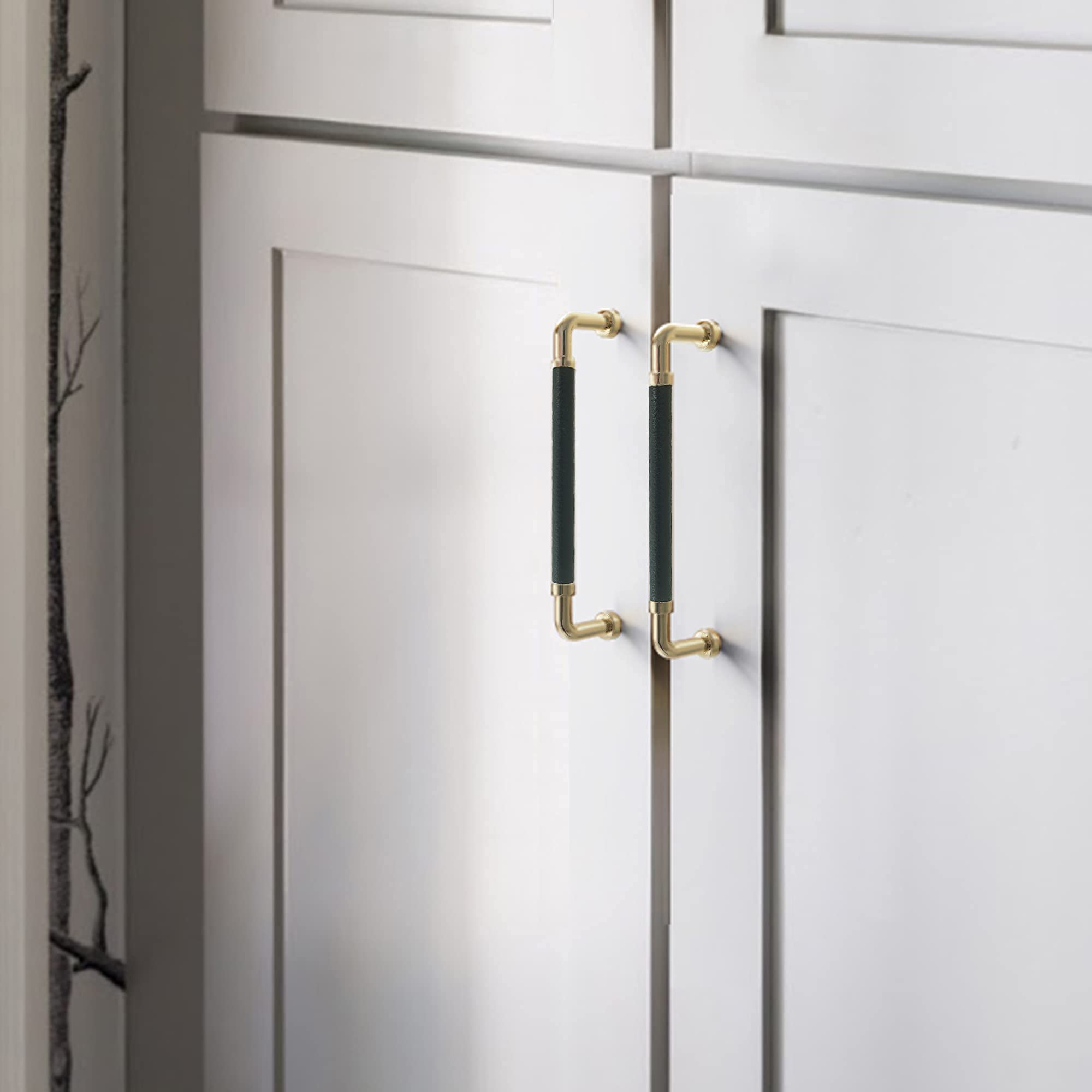 Polished Brass and Leather Cabinet Handles