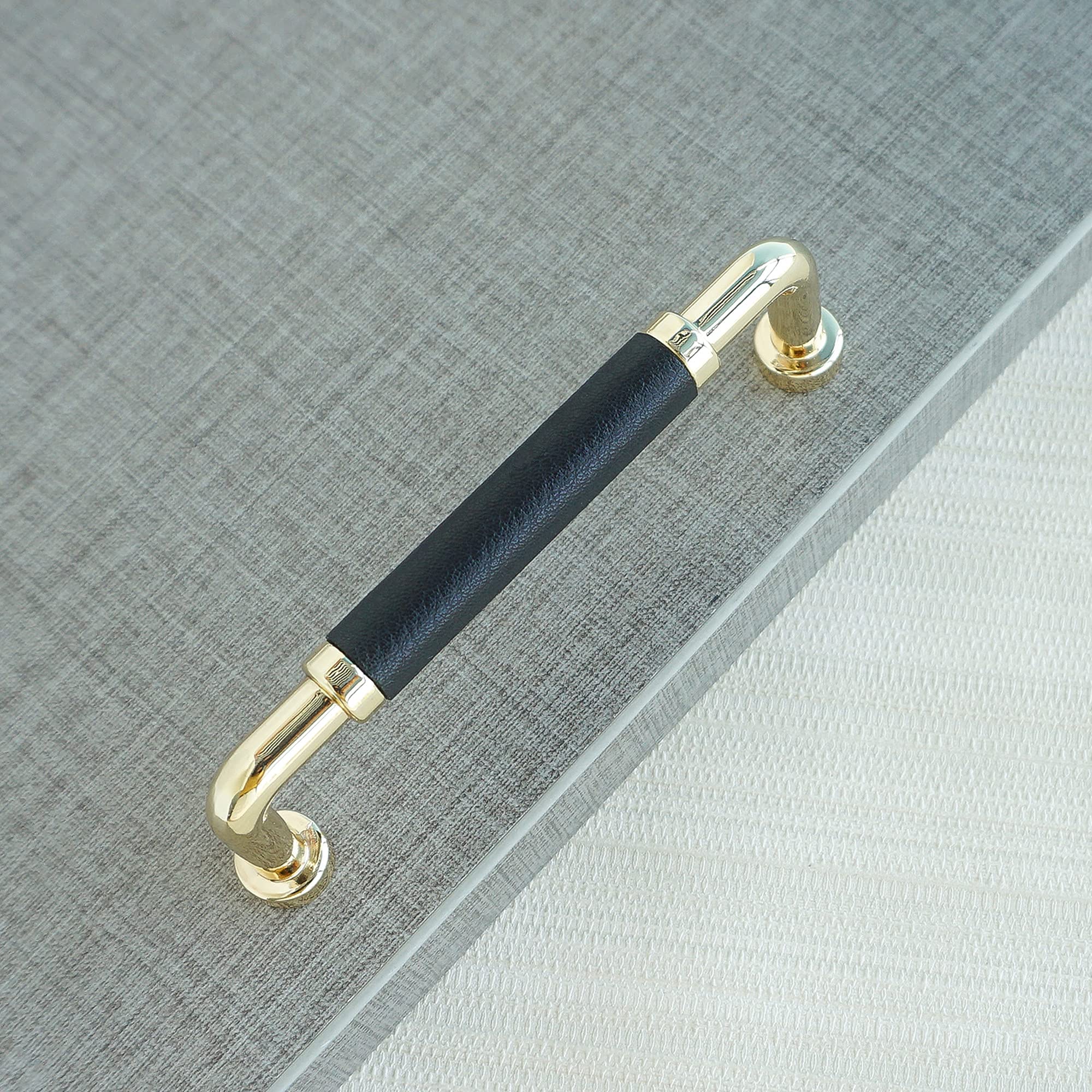 Polished Brass and Leather Cabinet Handles