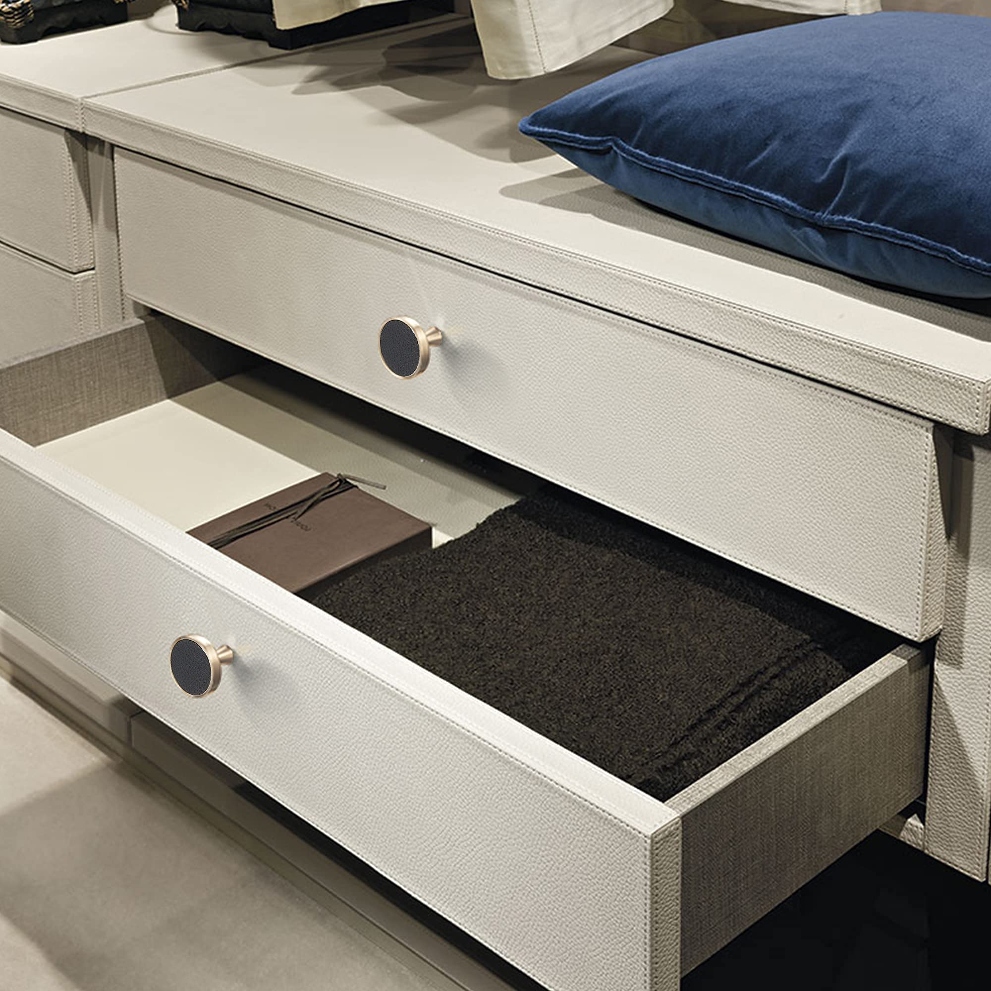 Polished Brass and Leather Cabinet Handles