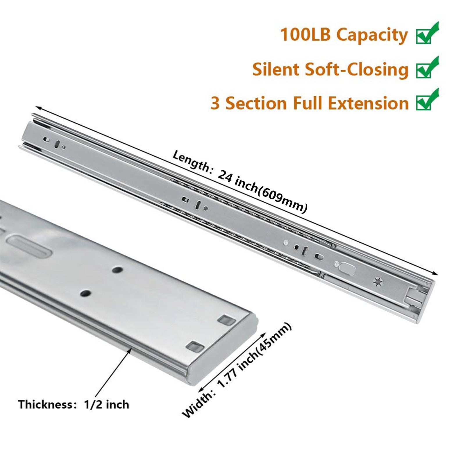 Soft Close Ball Bearing Full Extension Side Mount Drawer Slides 100 LB Load Capacity