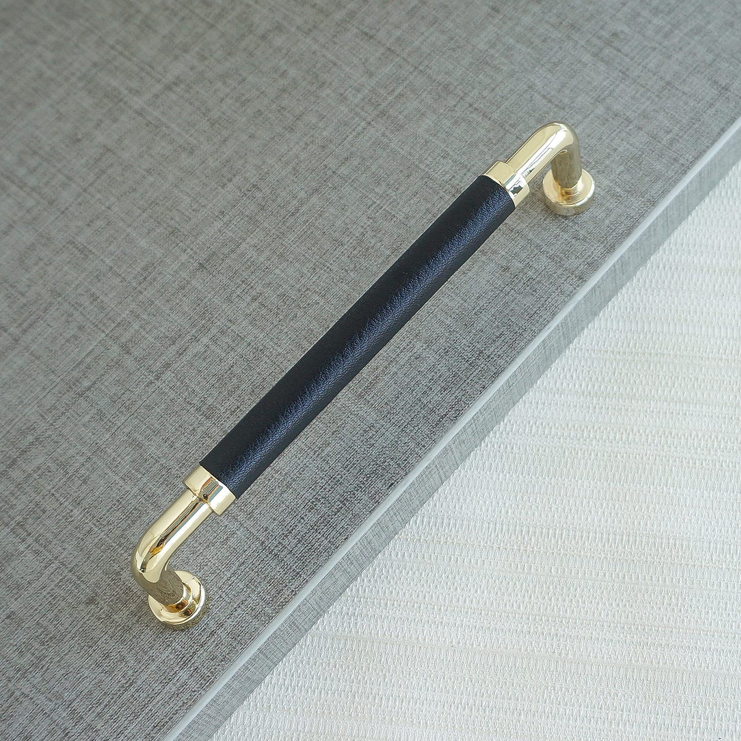 Polished Brass and Leather Cabinet Handles
