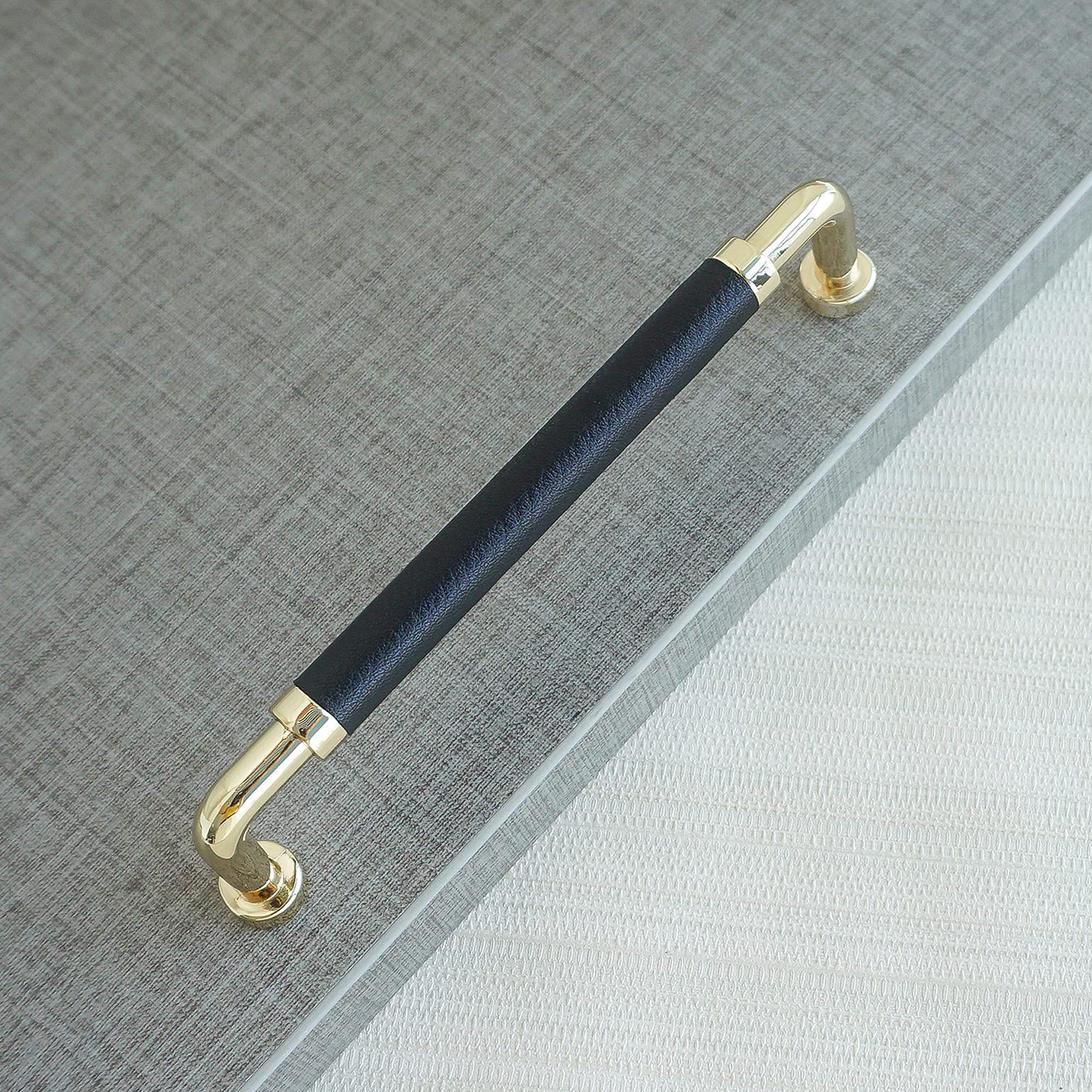 Polished Brass and Leather Cabinet Handles