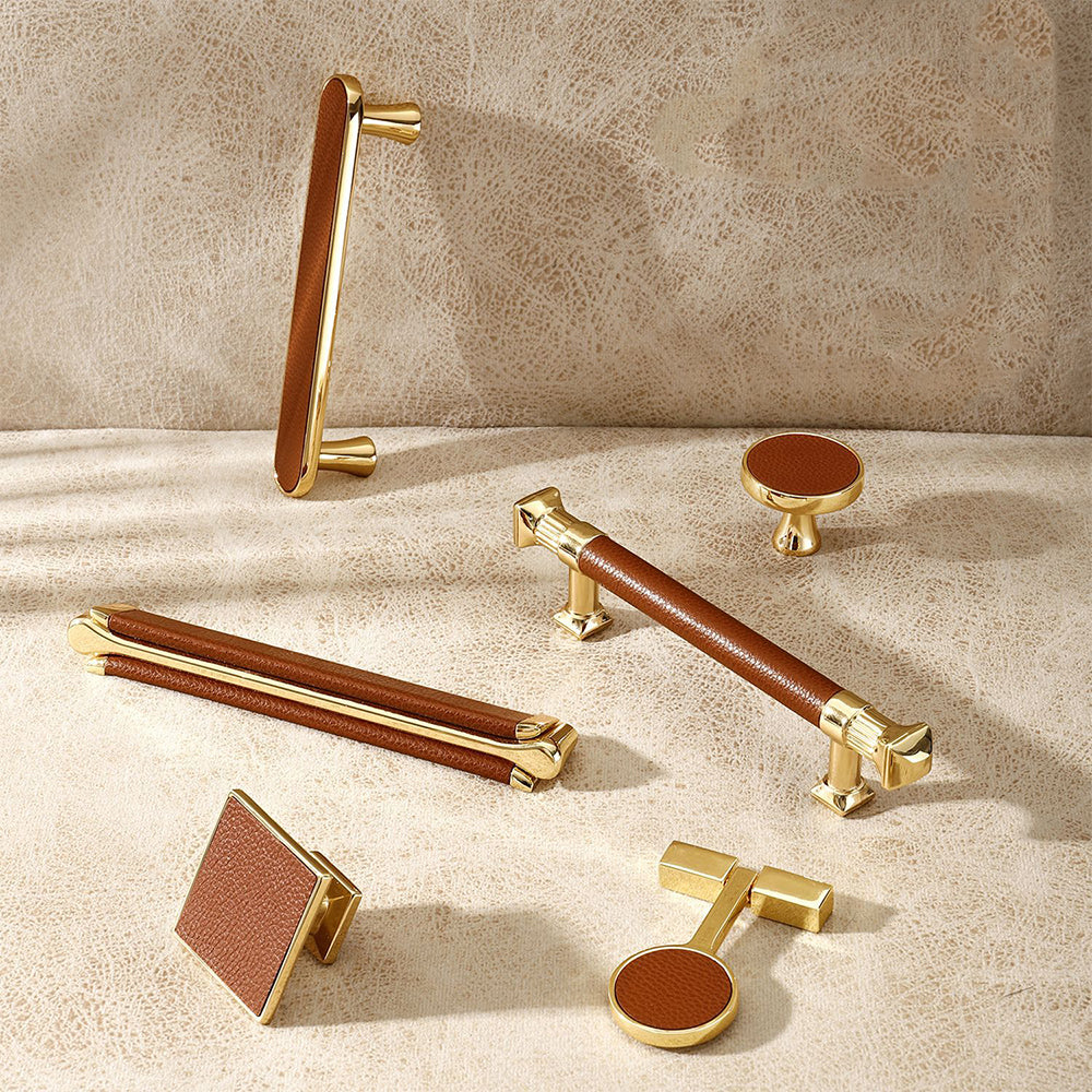 Stylish Gold Brown Leather Kitchen Cabinet Handles