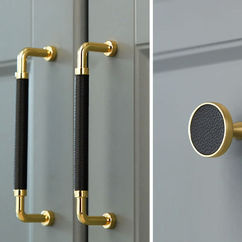 Polished Brass and Leather Cabinet Handles