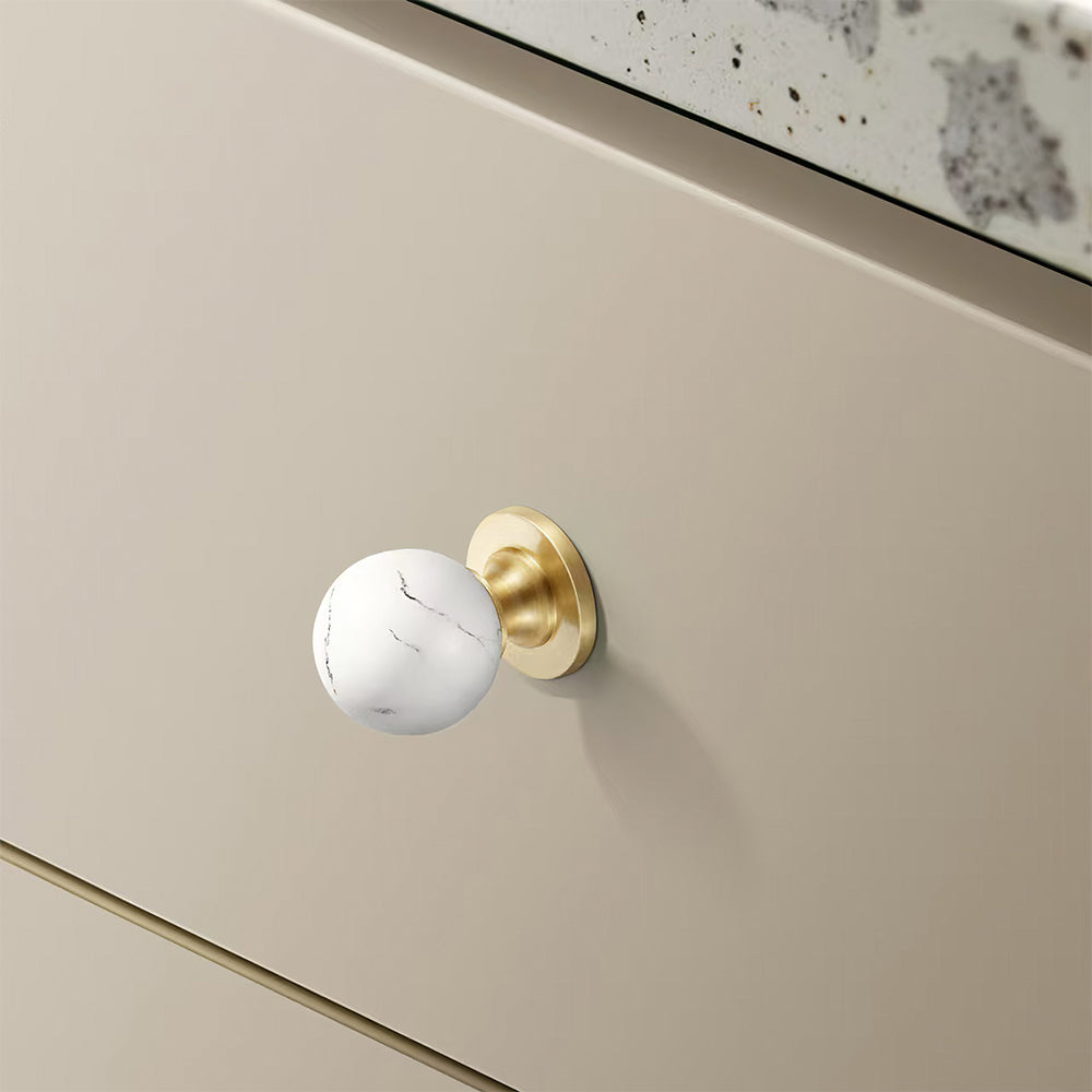 Vintage Walnut Wood Black White Marble Ball Cabinet Knob