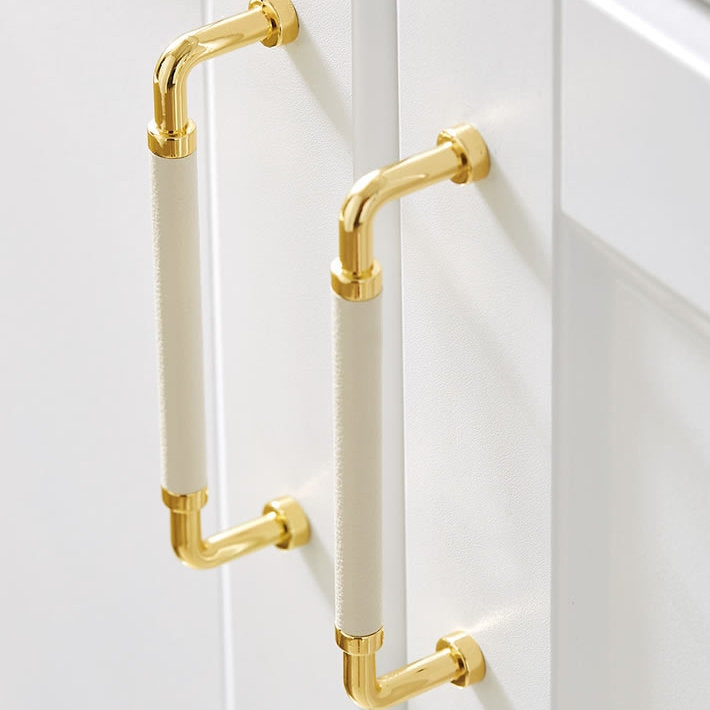Polished Brass and Leather Cabinet Handles