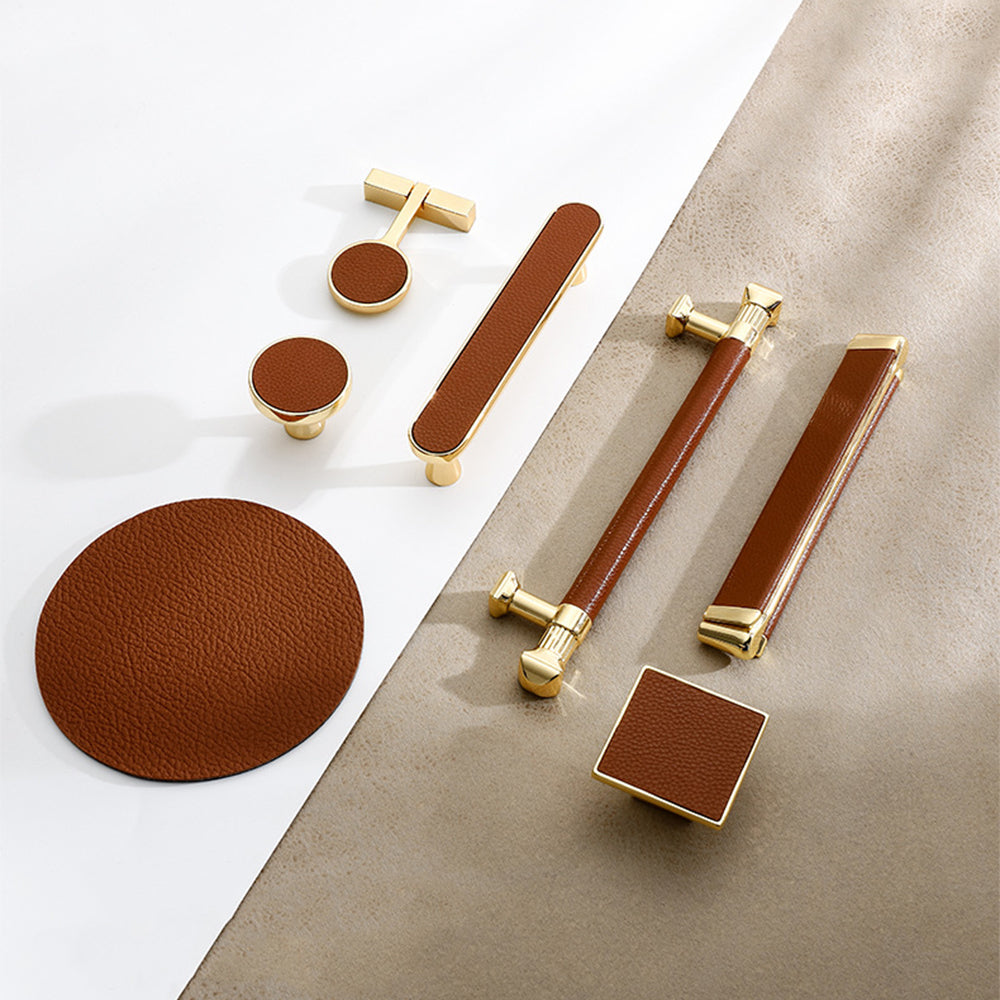 Stylish Gold Brown Leather Kitchen Cabinet Handles