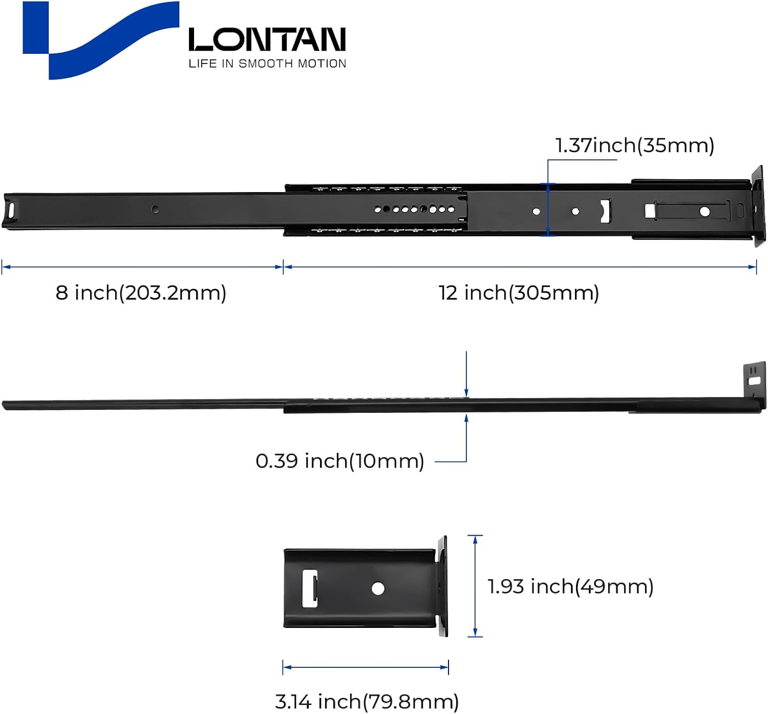 LONTAN Black Heavy Duty Center Mount Drawer Slides – 3/4 Extension