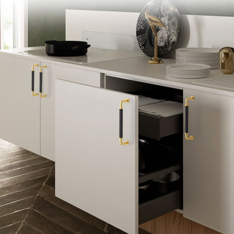 Polished Brass and Leather Cabinet Handles