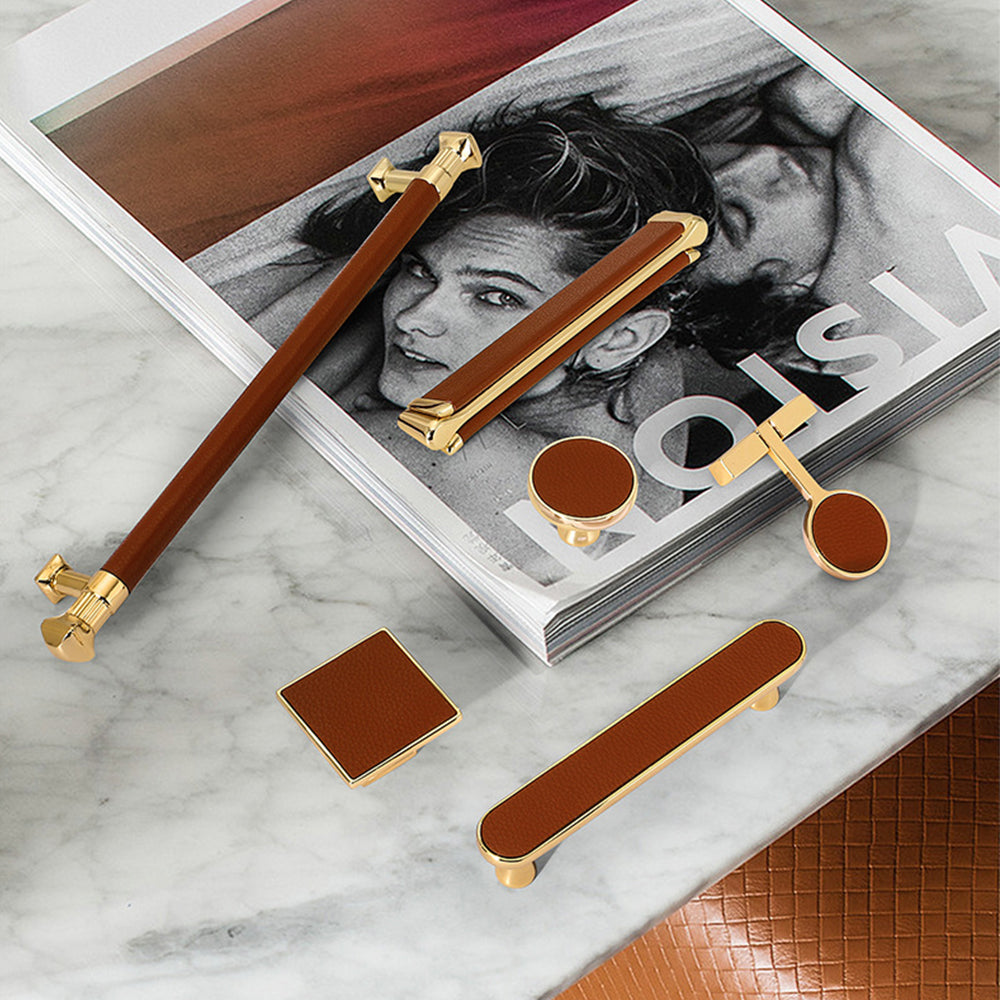 Stylish Gold Brown Leather Kitchen Cabinet Handles