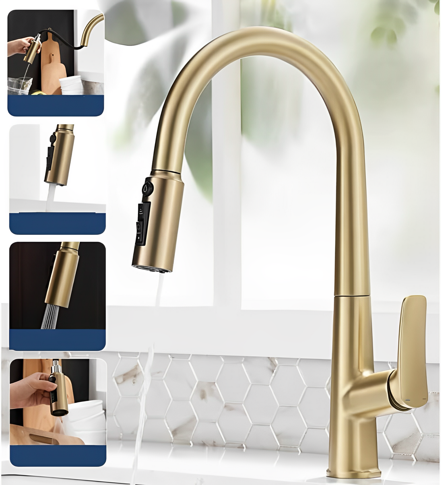 Deck Mounted Pull Out Hot Cold Mixer Kitchen Sink Faucet