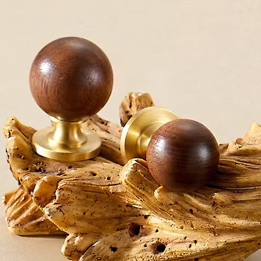 Vintage Walnut Wood Black White Marble Ball Cabinet Knob
