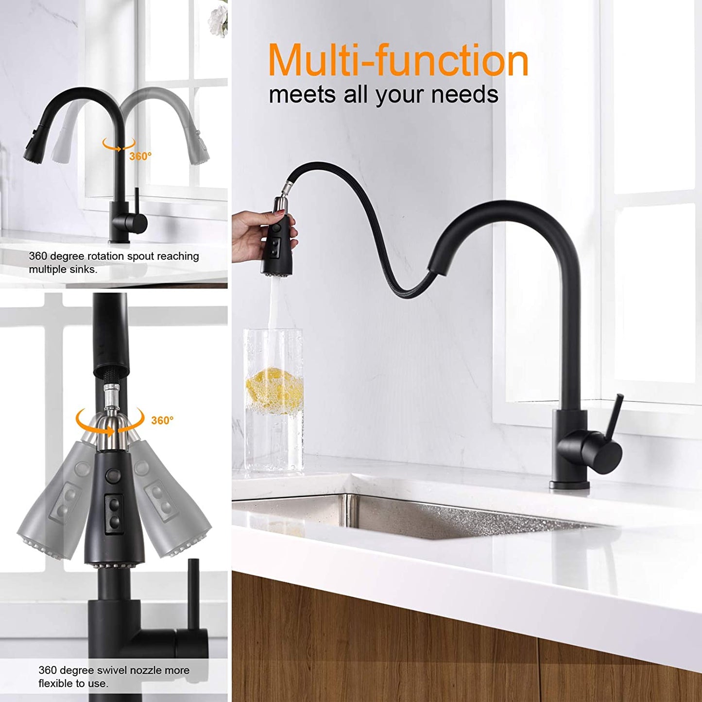 Single Handle Black Kitchen Faucet with Pull Down Sprayer