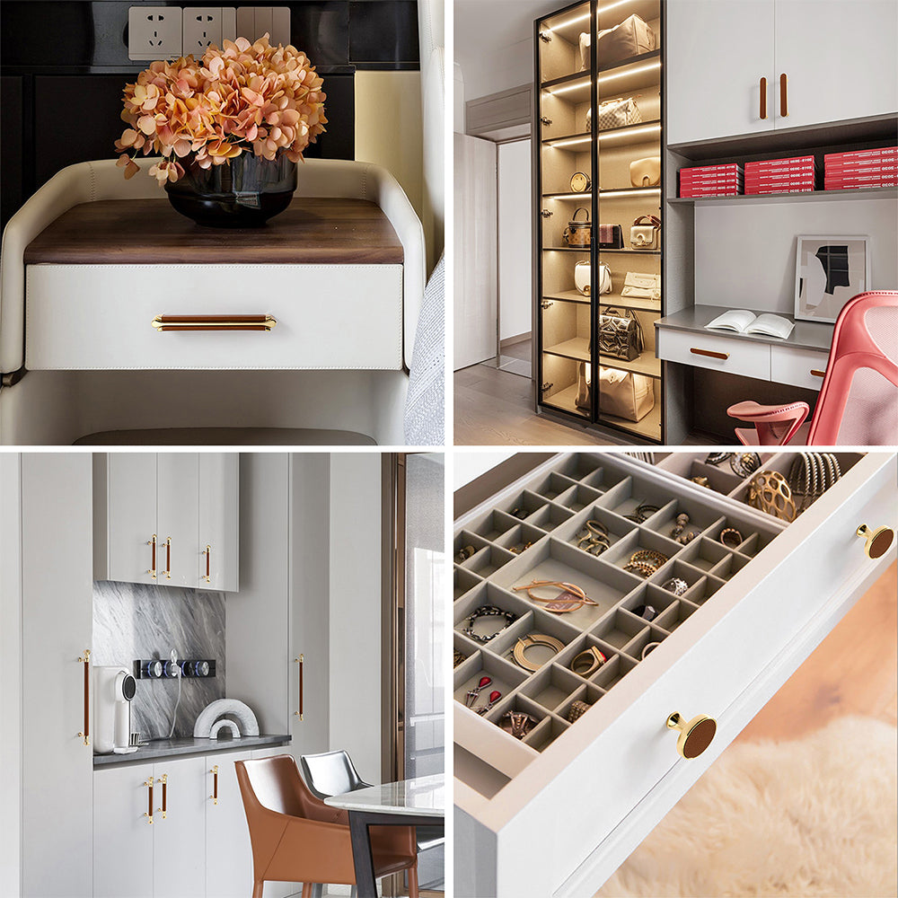 Stylish Gold Brown Leather Kitchen Cabinet Handles