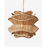 Alondra chandelier with layered rattan design and soft diffused light.