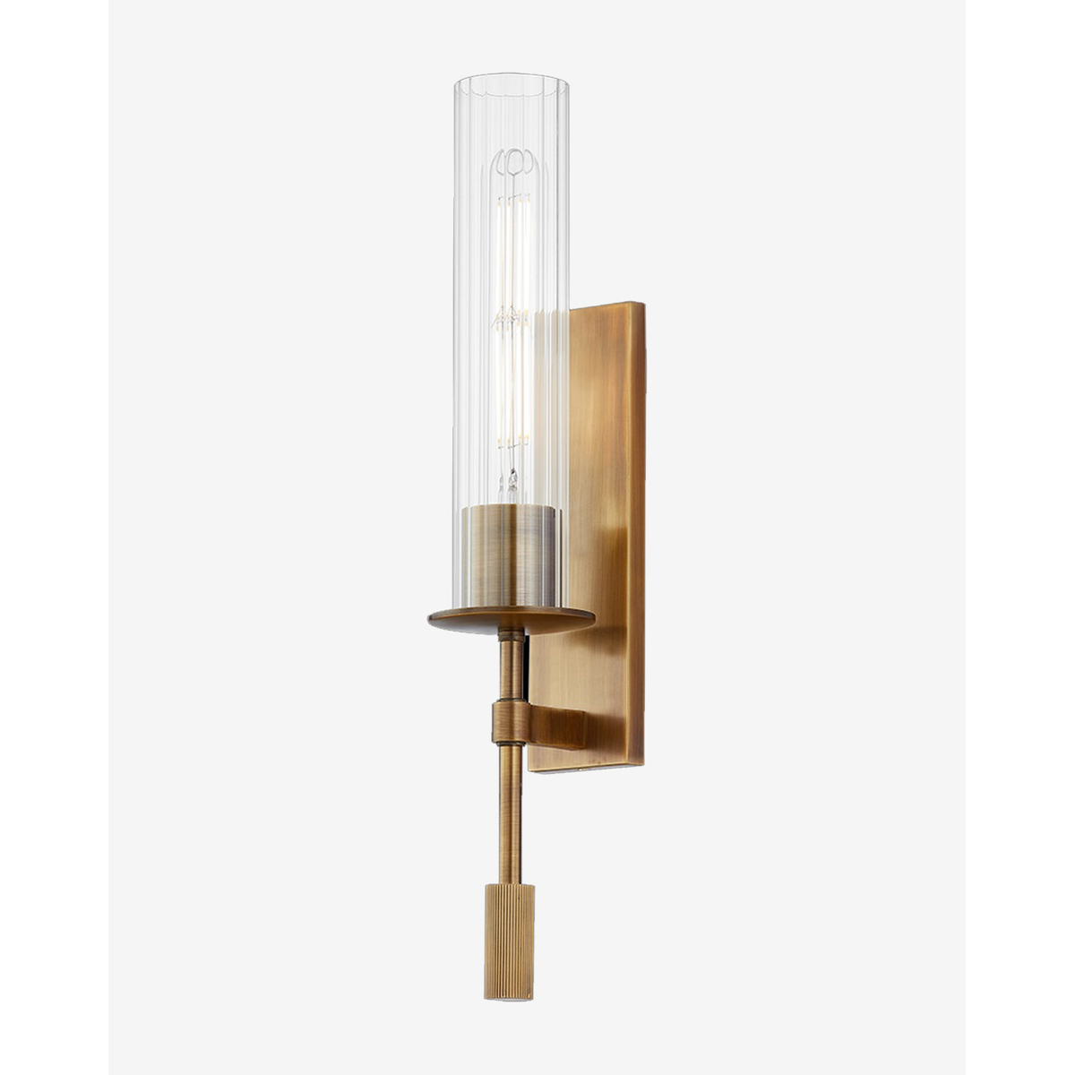 Elton Sconce mid-century modern wall light with brushed brass finish casting soft upward glow